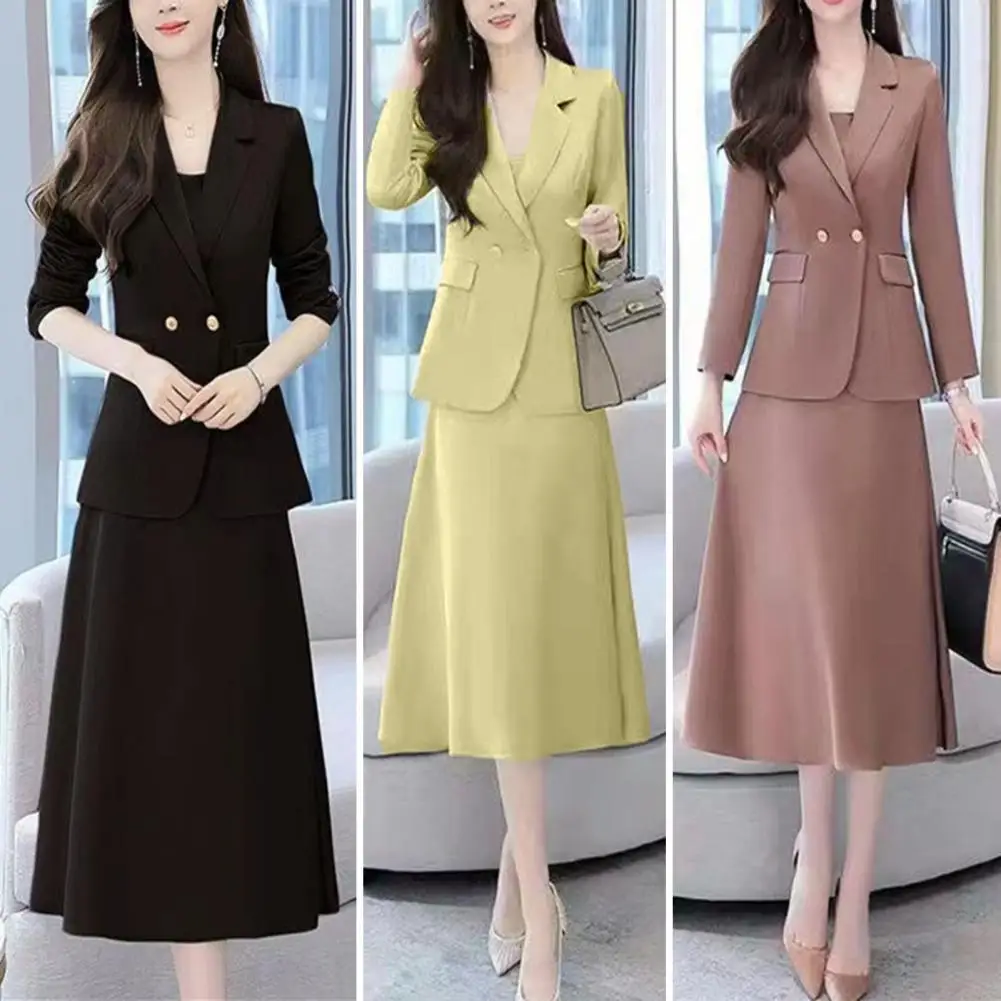 

Women Commute Clothes Elegant Women's Business Suit Set with Turn-down Collar Coat A-line Pants Dress Professional for Formal