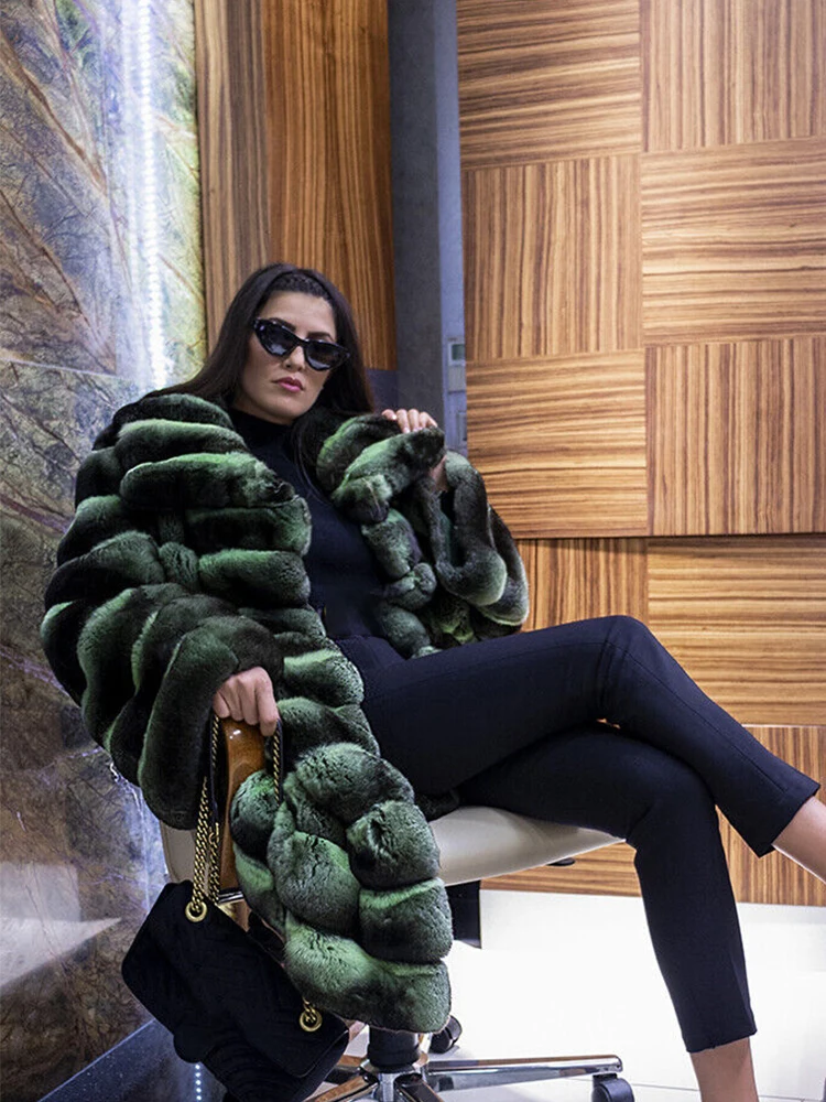 Green Chinchilla Fur Coat Women Winter Fahison Luxury Thicken Outertwear Long Sleeve Lapel Horizontal Stripe Real Fur Coat Lady