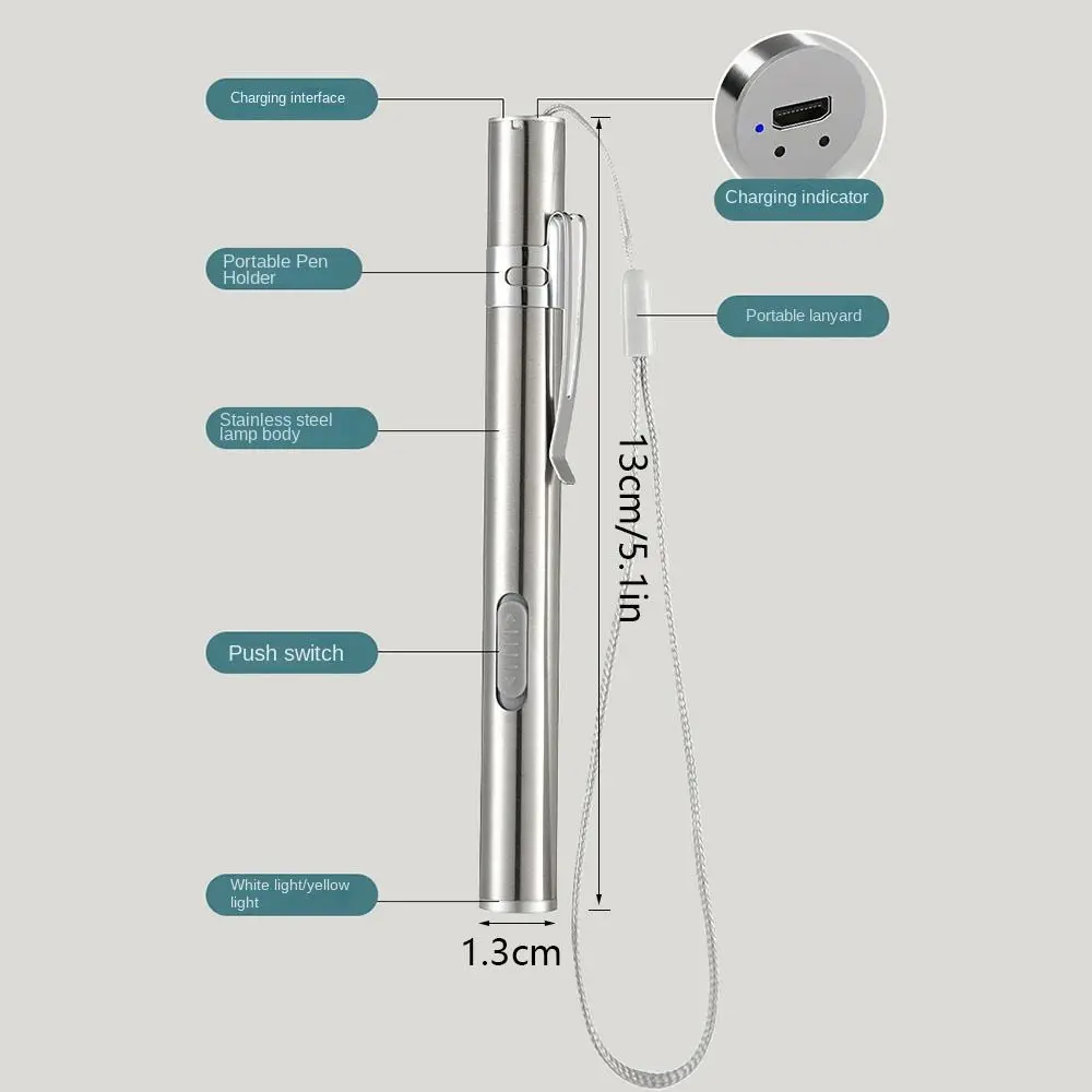 Stainless Steel Doctors Pen Light Yellow/ White Light Portable LED Mini Torch Water-proof Energy-saving Nursing Penlight Doctors