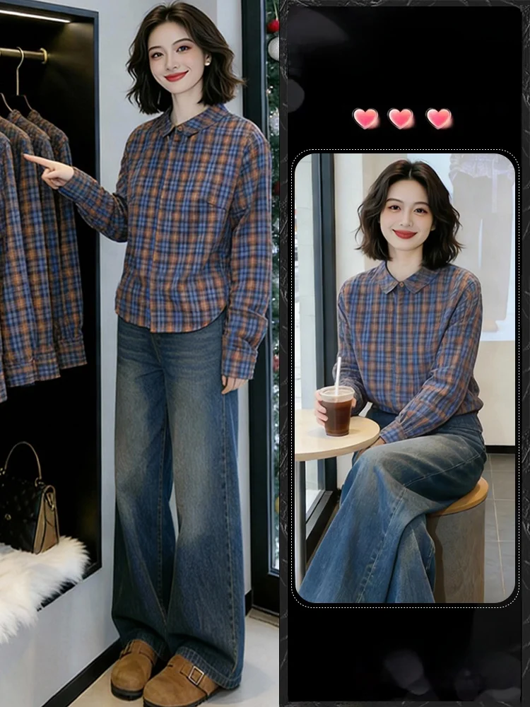 

Korean Sle Beautiful Streetwear Plaid irt Women's Spring 2026 Trendy Loose Versatile Faionable Small irt Casual Sle