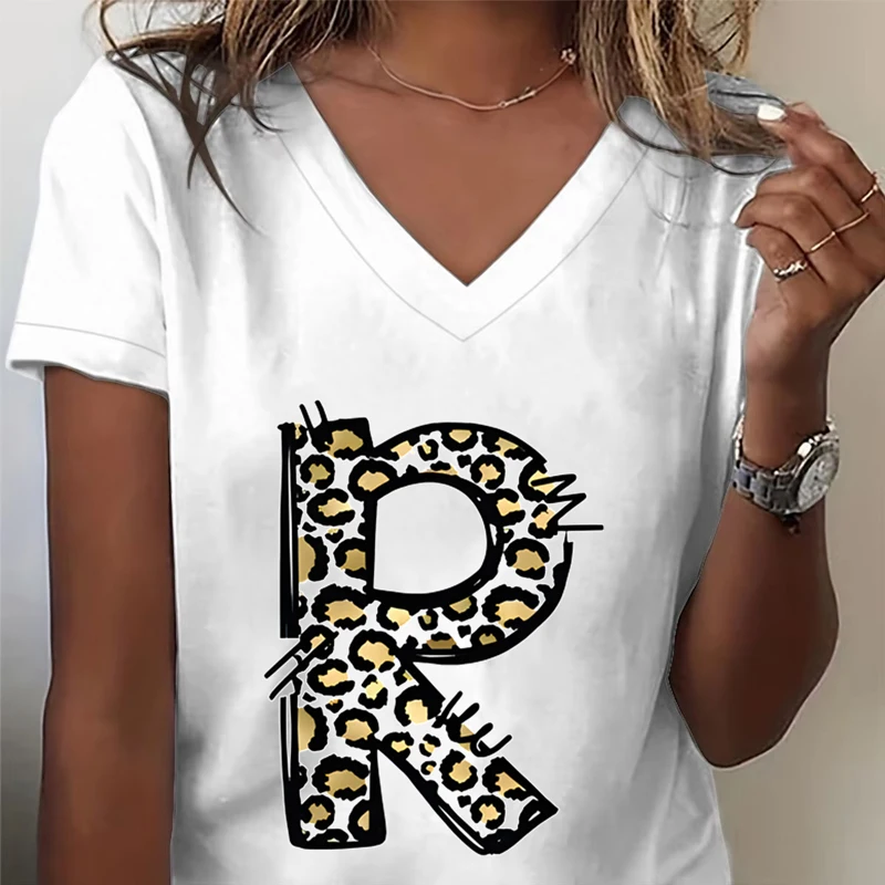Leopard Print Letter R Women's V-Neck T-Shirt Western Print 26 Initials Graphic T Shirts A-Z 26 Alphabet Leopard Print Tops Tees