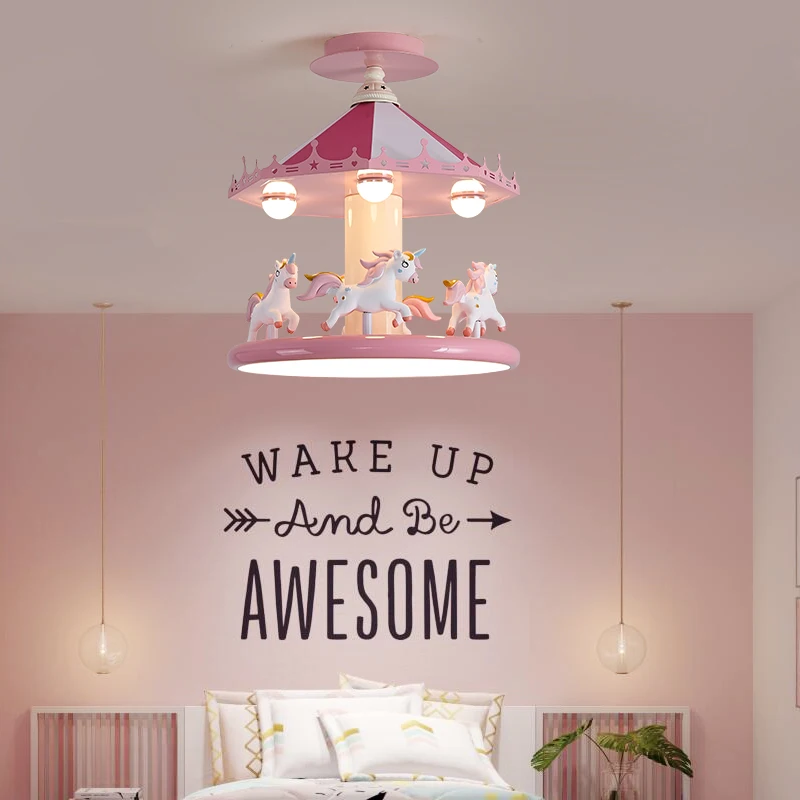 Girl bedroom chandelier pink creative carousel full spectrum eye protection LED room light ceiling children's room light