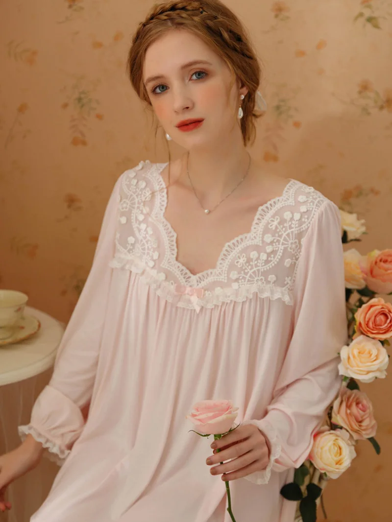 Frauen Prinzessin Nachthemd Frühling Langarm Modal Baumwolle Gericht Retro Prinzessin Nachtwäsche Sexy Fee Kleid Süße Nachthemden