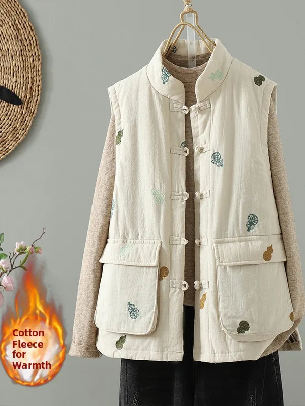 

Loose Fit Embroidered Cotton Linen Jaet Women's Autumn Winter Open Cardigan Sle Embroidery on Front And Ba V-Ne Design