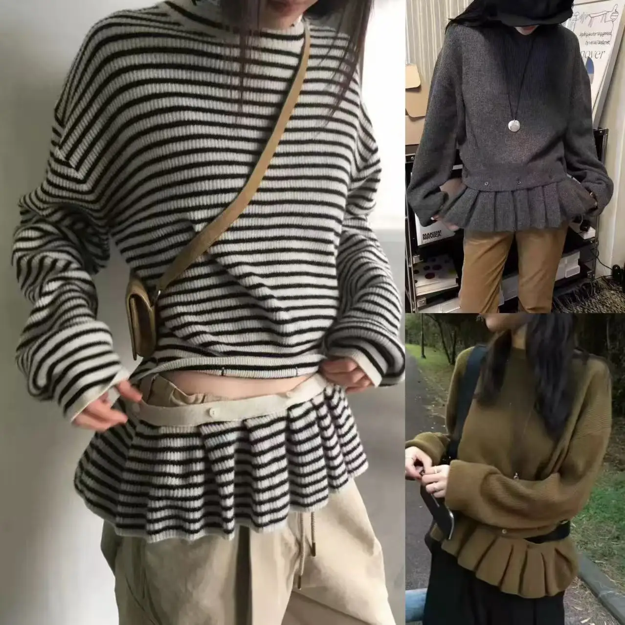 

Loose Knitted round Ne Sweater with Detachable Hem Stripes Korean Sle Women's Casual Long Sve Thermal Top