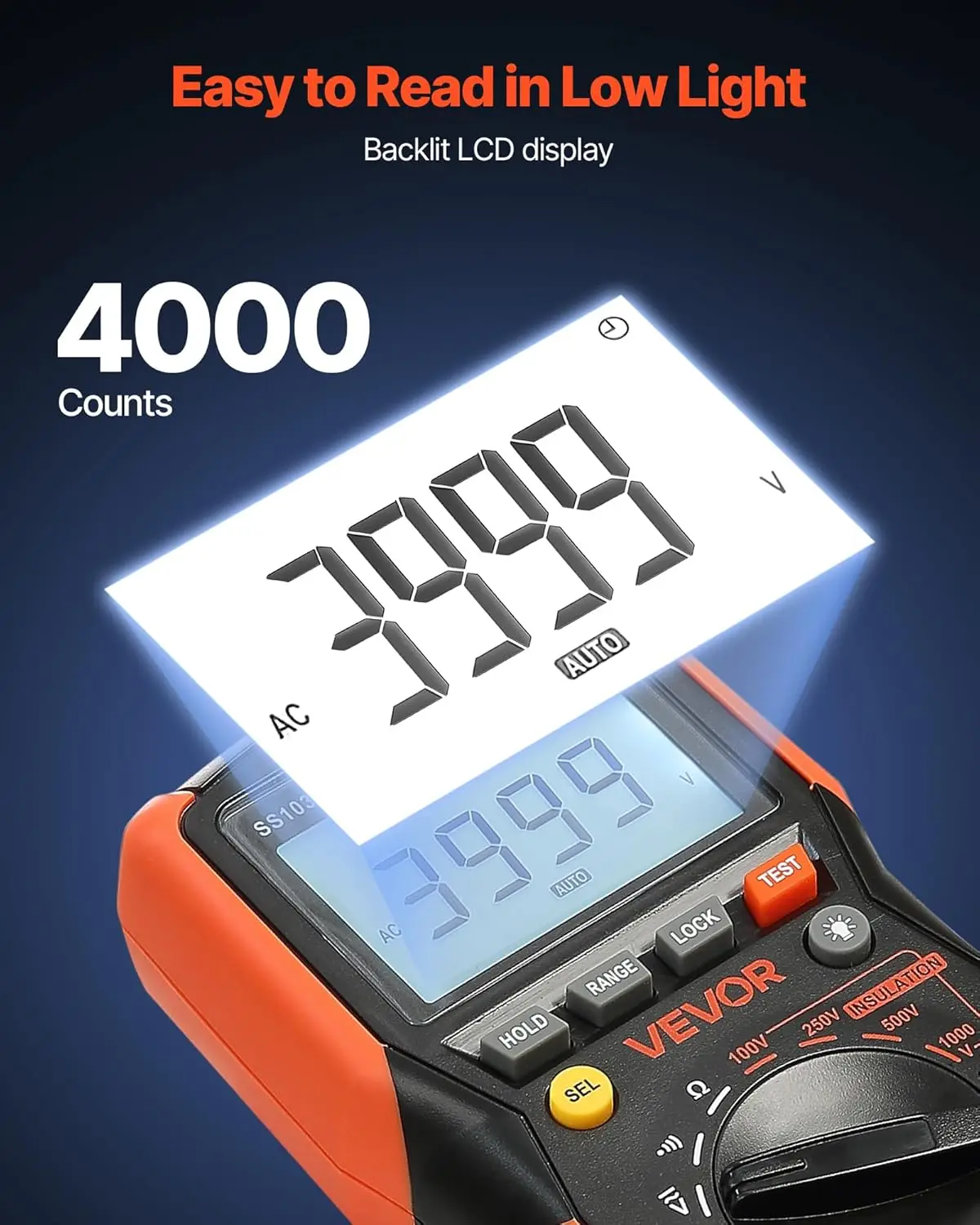 Multimetro digitale TRMS da 4000 conteggi, tester di tensione CA/CC da 1000 V con intervallo automatico/manuale per tensione, resistenza, continuità