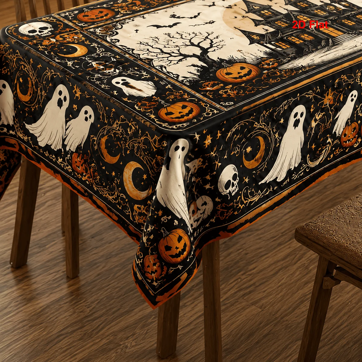 2D flat 1 piece tablecloth halloween ghost pumpkin haunted house print adult rectangle polyester autumn