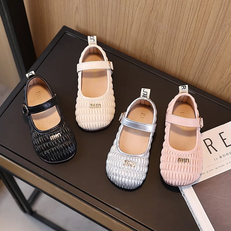 Spring Toddler Girls Mary Jane Shoes Pleated Design Kids Princess Dress Shoes Buckle Strap PU Leather Children Flat Shoes 21-30