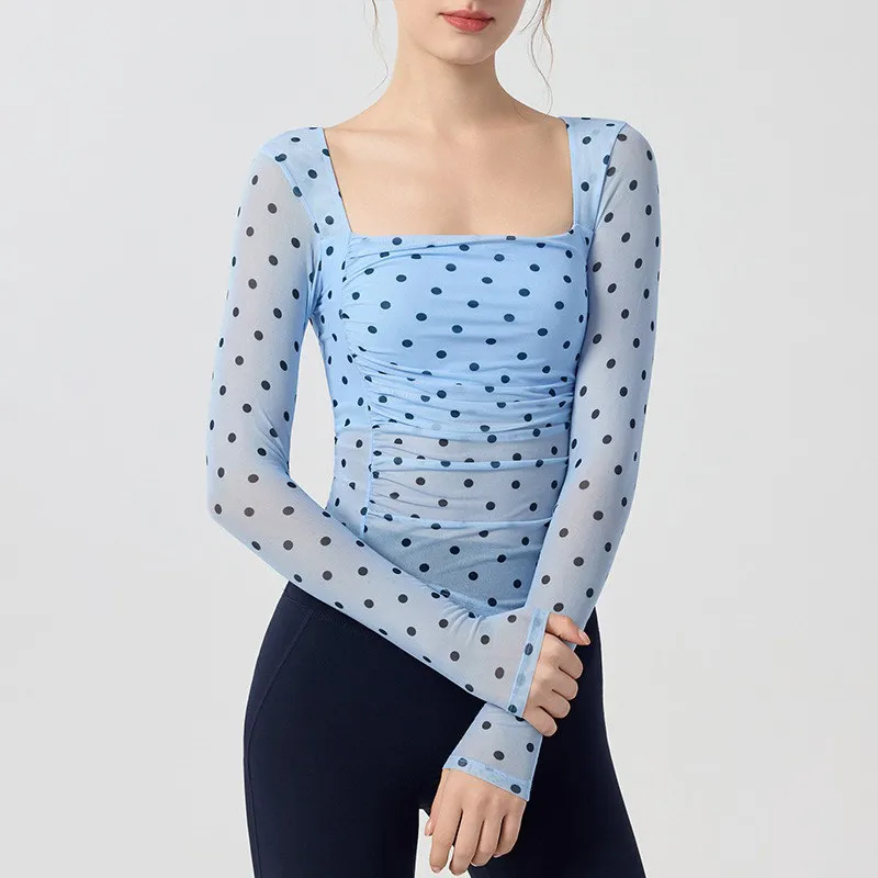 Square Neck Polka Dot Retro T-shirt Long Sleeve Shirts Gym Top Irregular Hem Waistband Chest Pad Yoga Fitness Pilates Clothing