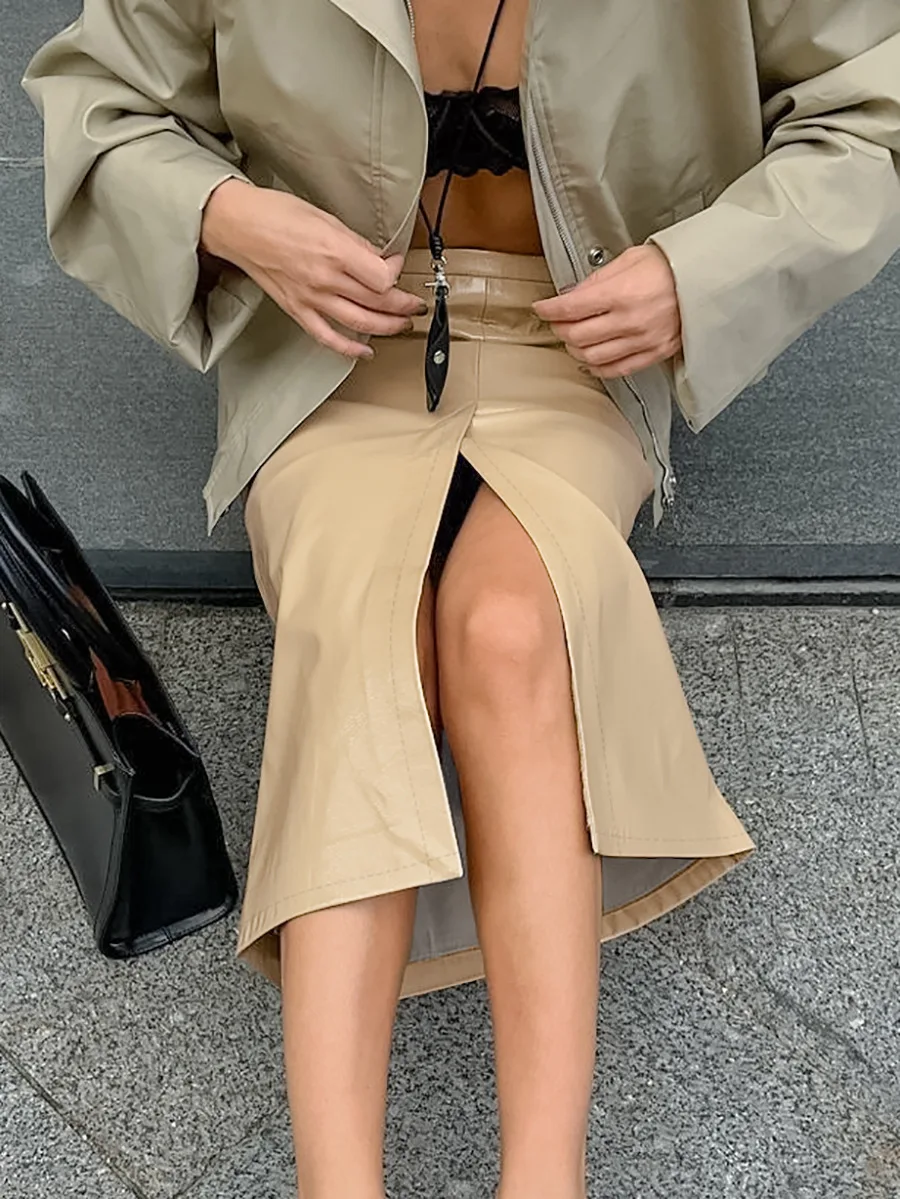 Women's Skirt 2025 Fashion Latest Hot Selling Style Autumn/winter Khaki Pu Retro Style Mid Waist Slim Fit and Sexy Split Skirt