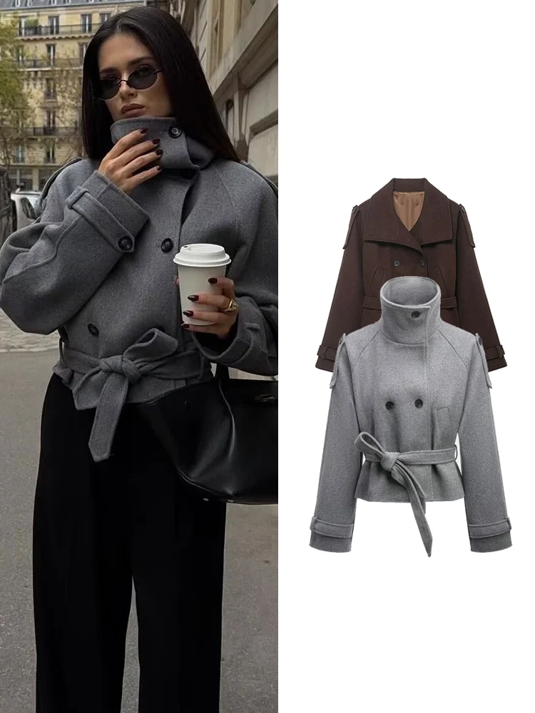 

TFMLN Short Woolen Coats For Women Outerwear Winter Warm Straight Double Breasted Stand Collar Overcoat With Belt Fashion New