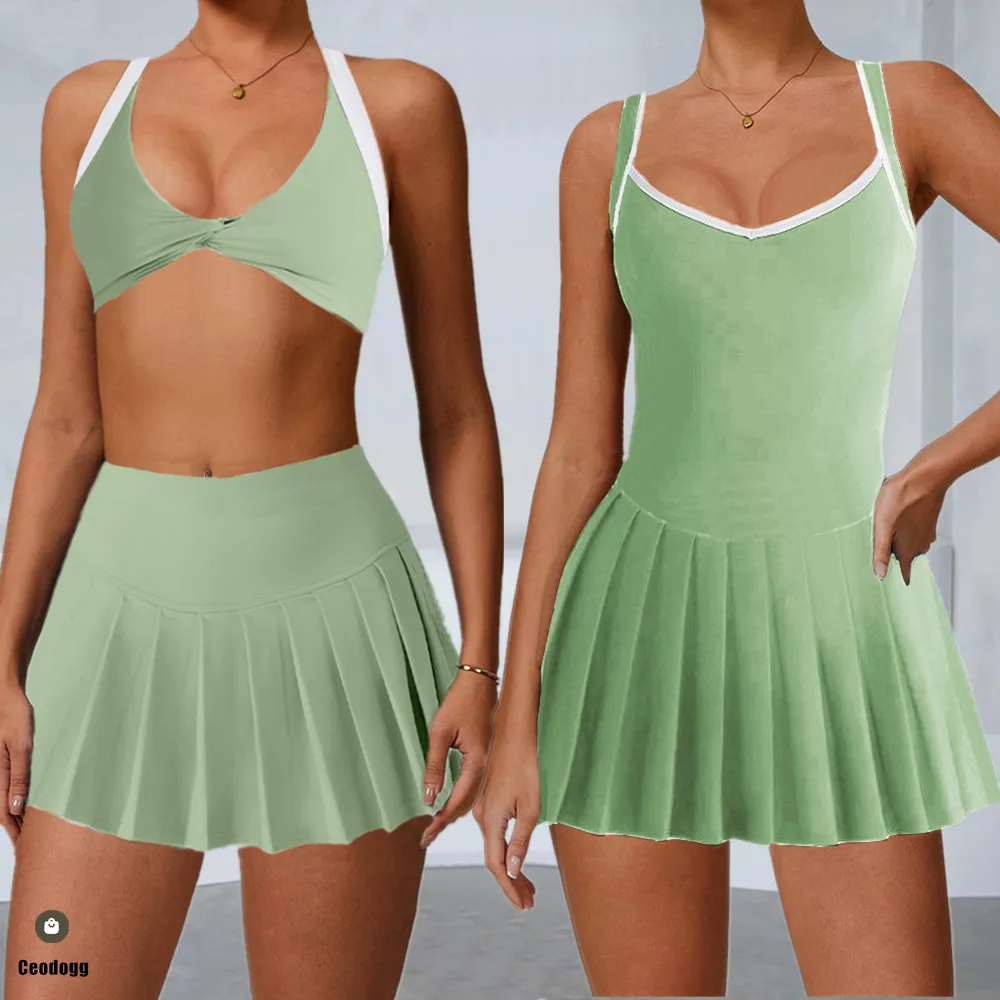

2Pcs Women Sports Yoga Set Running Push-Up Sports Bra Gym Pleated Jumpsuit Tennis Anti Shorts Dress Fitness Activewear XP09