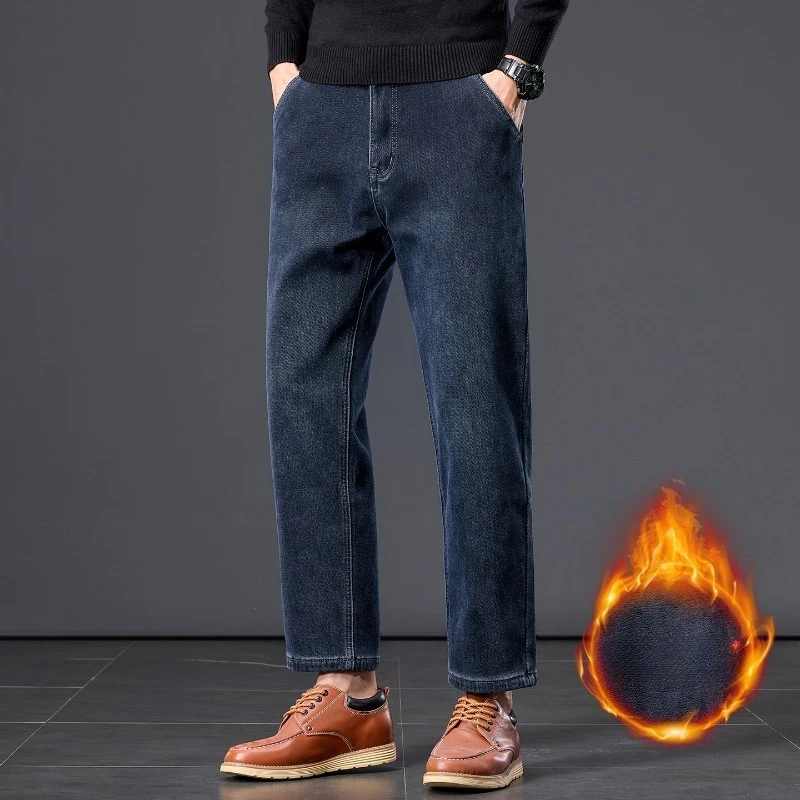 Winter Fleece Thickened Warm Men's Jeans Retro Blue Velvet Straight Leg Length Nine-point Denim Trousers Lined Wool  Pants