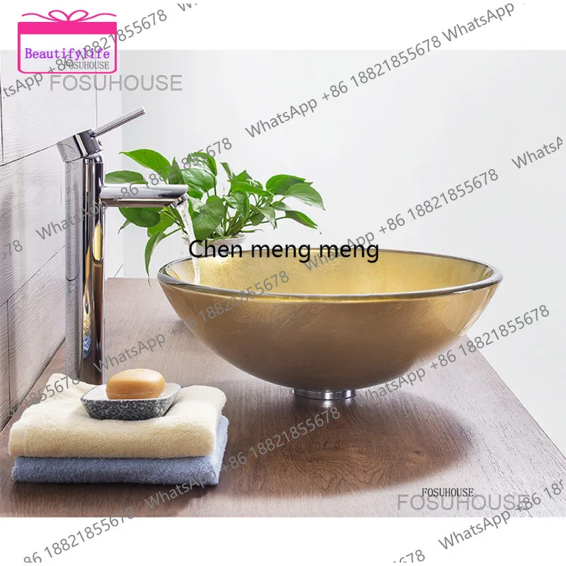 A17 Simple Design Bathroom Washbasins Modern Tempered Glass Bathroom Sinks Stage Basin Golden Art Wash Basin Kitchen Washing Sin