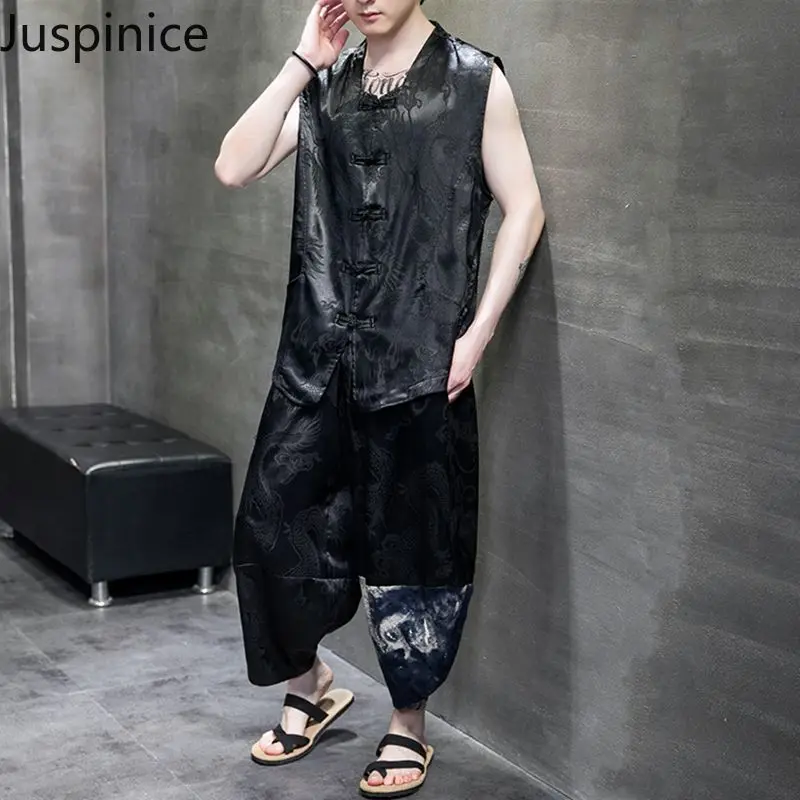 

Футболка и брюки в китайском стиле мужские, свободные повседневные штаны из вискозы, с принтом без рукавов, индивидуальная одежда