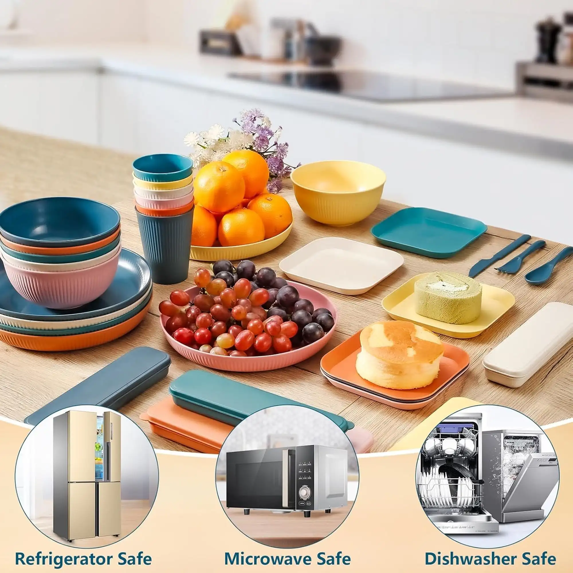 

Wheat Straw Dinnerware Sets 54Pcs Unbreakable Tableware Set For 6 People Reusable Plates Bowls Cutlery Lightweight For Camping Picnic Travel Home Party
