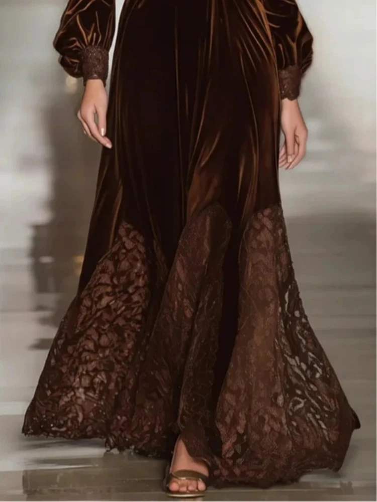 2026 elegante vestido de terciopelo para mujer primavera otoño Vintage sólido cuello alto dobladillo de encaje vestido largo cintura alta A-line vestidos de noche - Image 4