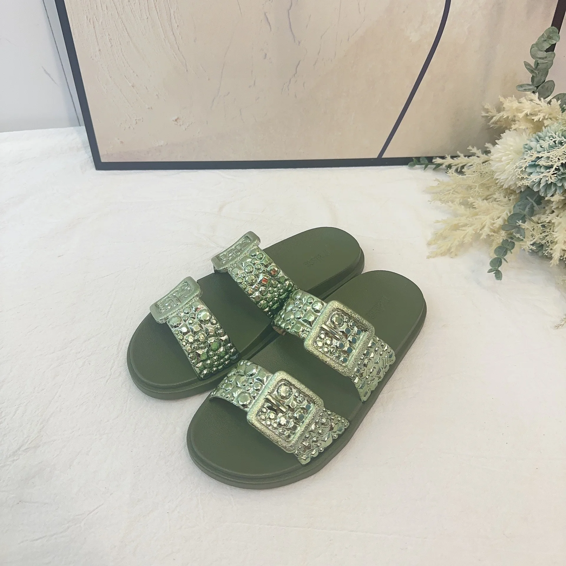 Mini Melissa 2024 New Women Summer Outdoor Slides Ladies Thick Sole Wide Casual Jelly Shoes Double Buckle Sequin Beach Slippers