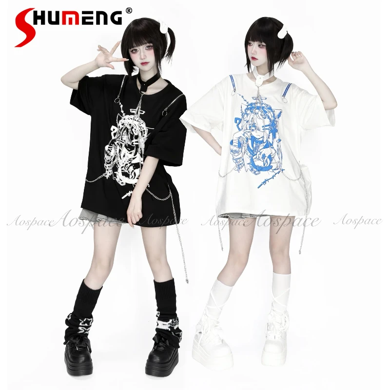 

2025 Original New Gothic Dark Sweet Cool Anime Print T-Shirt Girl's Off-Shoulder Halter Loose Slim Short Sleeve Tops with Chain