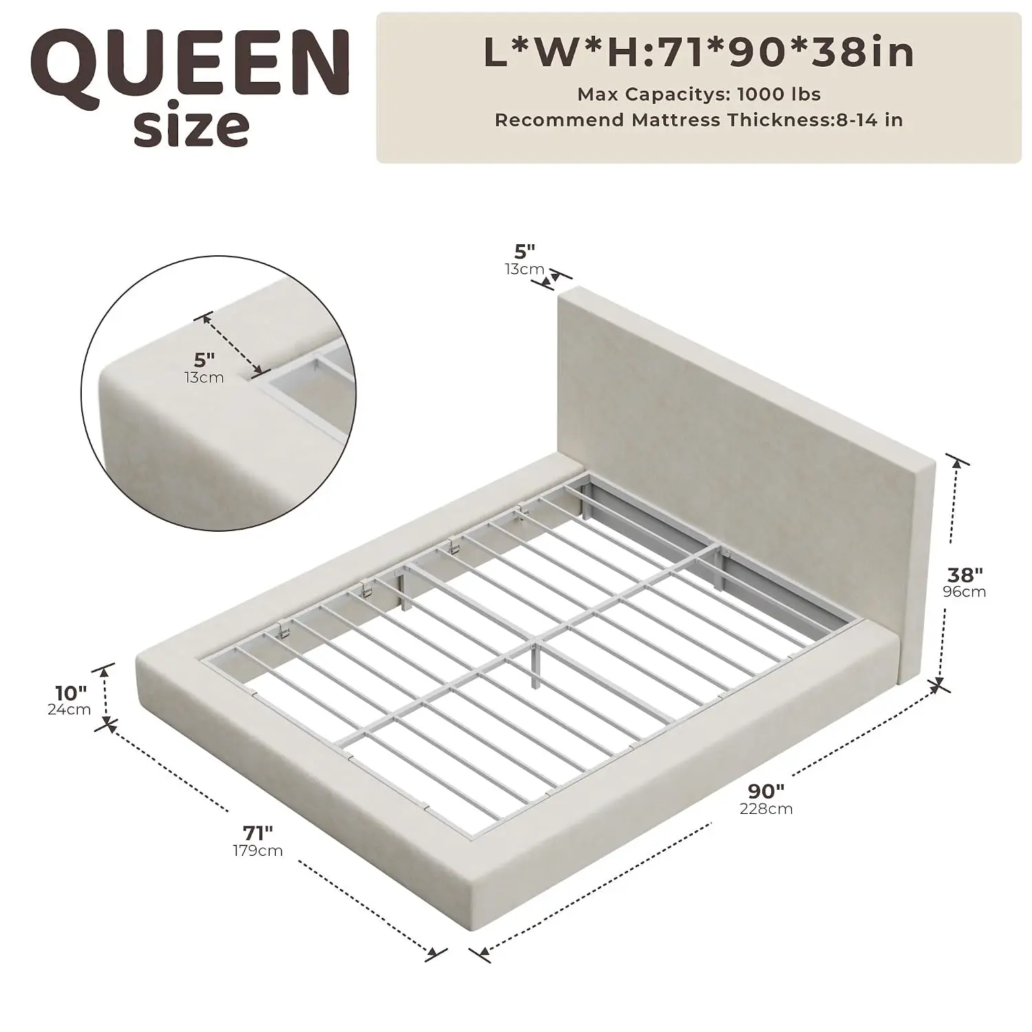 AirFrame Queen Upholstered Bed Frame with Plush Padded Headboard | Plush Padded Headboard, 360° Soft Foam Surround,, Customized