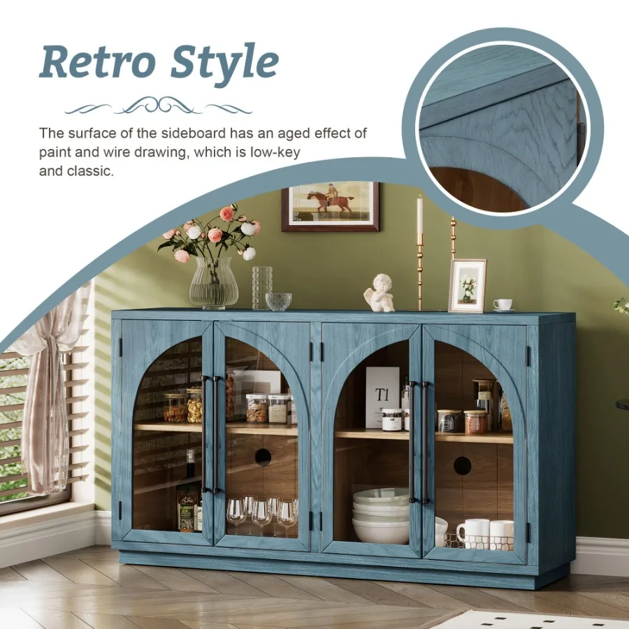 4-deurs retro dressoir met grote opbergruimte, metalen handgrepen en verstelbare planken voor keuken, eetkamer en woonkamer