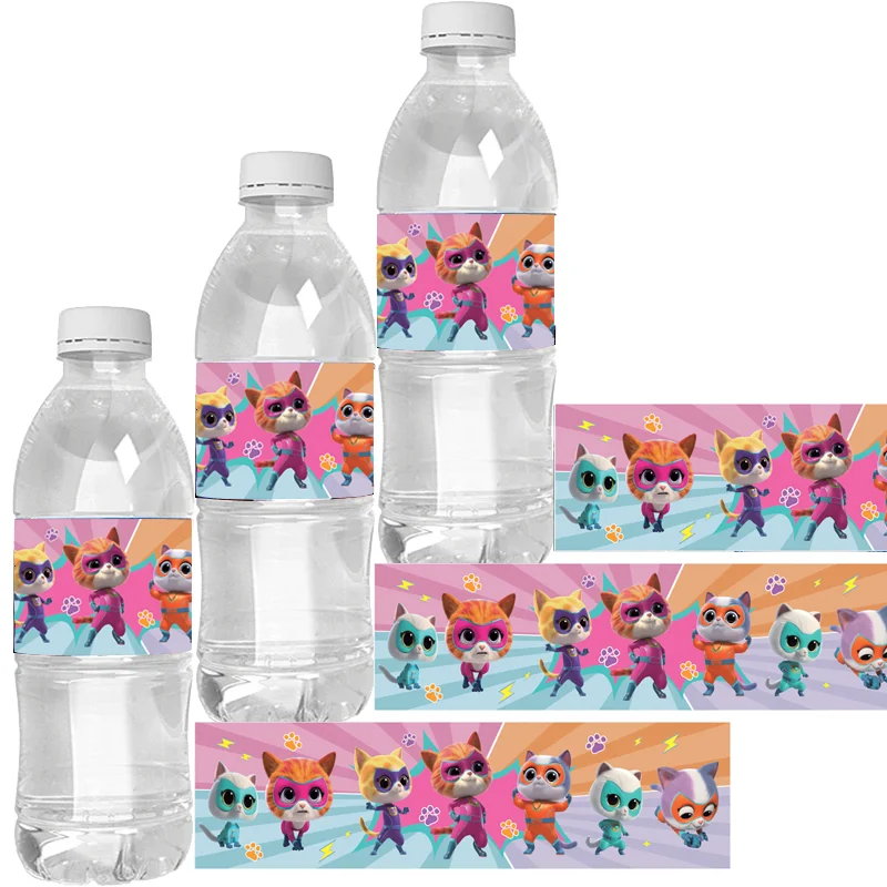 

Cartoon Superkitties Waterproof Water Bottle Label Birthday Party Decor Kitties Stickers Stickers Kids Party Favors Supplies