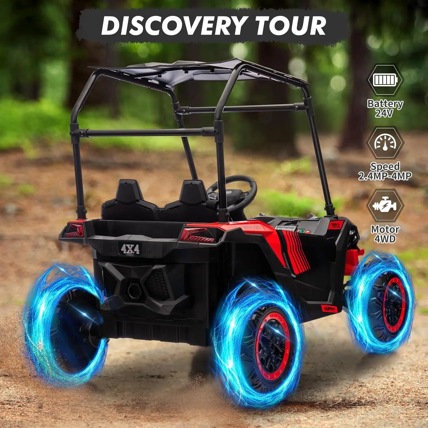 24V Kids 2 Seater 4WD Electric UTV Truck, Remote Control Off Road Ride On with Sun Shade 4 Shock Absorbers, LED Lights, Music