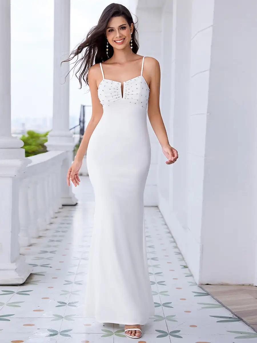 Elegant Evening Exquisite U Neck High Stretch Bodycon Fishtail Satin Diamond-covered 2025 Ever Pretty of White Bridesmaid Dress