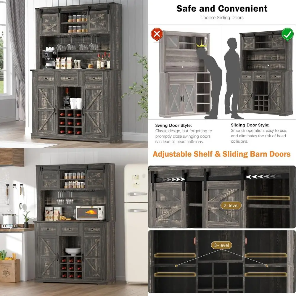 

72 Rustic Oak Kitchen Hutch with Sliding Barn Door, Adjustable Shelves, Wine & Glass Storage for Dining Room