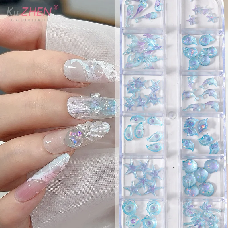12 grilles/boîte Aurora Nail Art breloques coquille étoile de mer queue de sirène 3d Nail Art accessoires pour un Look de manucure rêve et océanique