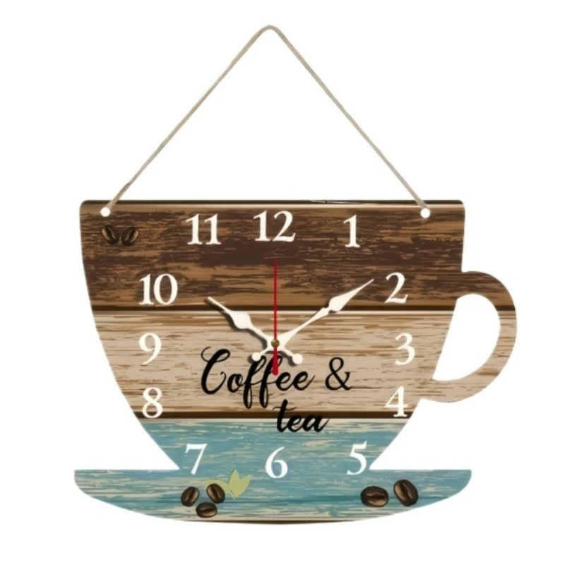Coffee Cup Shape Wooden Clocks Modern Home Decor Silent Hanging Wall Clock Vintage Wood Grain Texture Art Plate Quartz Clocks