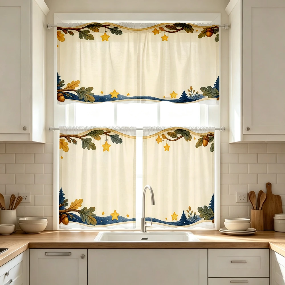 Dreamy Kitchen Curtains, Star Acorn Branch Print, Digital Print, Kitchen Dining Room, Rod Pocket Polyester, Home Decor