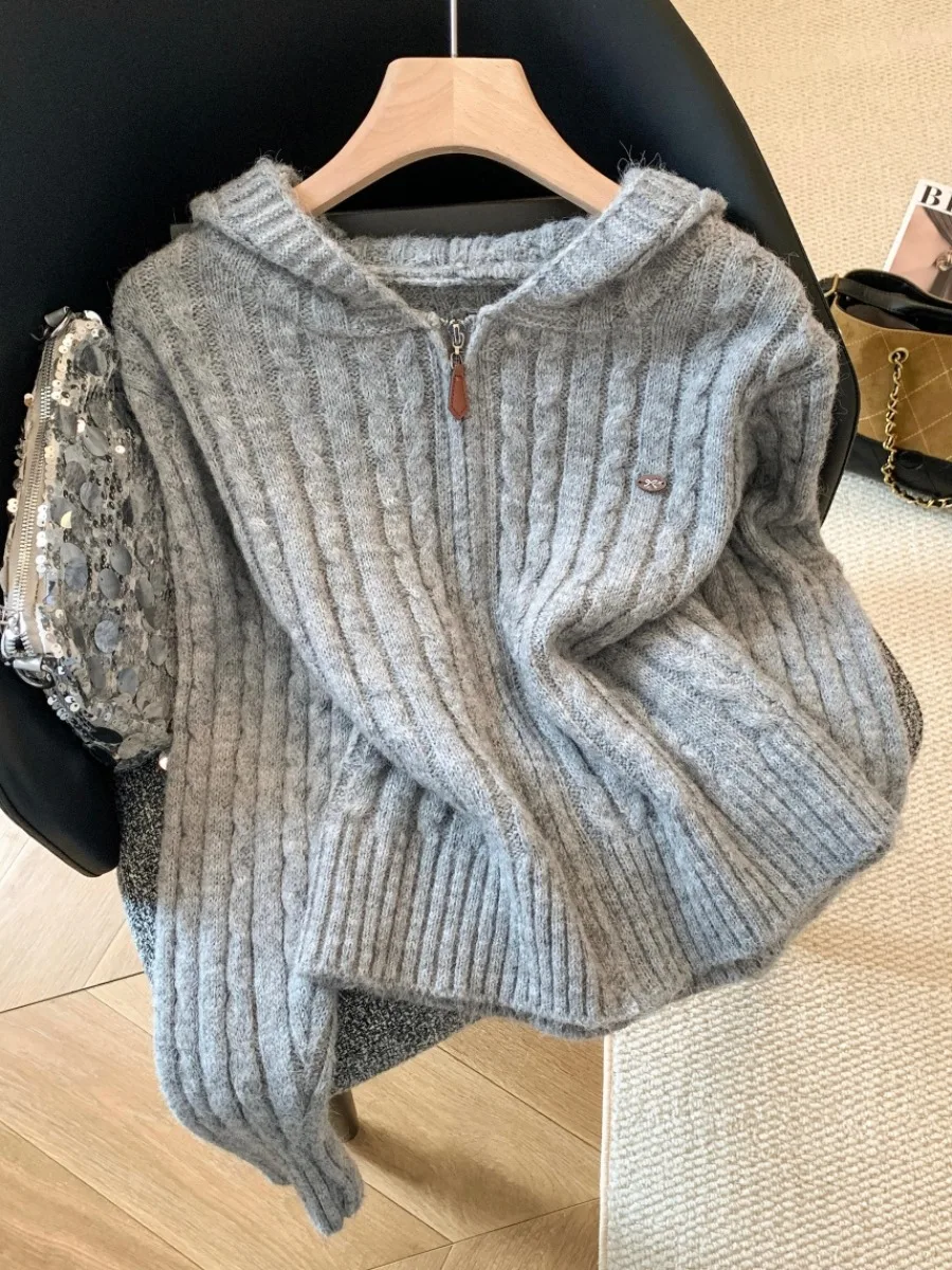 

Soft Cozy Knitted Hooded Cardigan Women's Autumn Winter Lazy Sle Sweater Jaet Zipper Closure Korean Sle Thiened Long ...