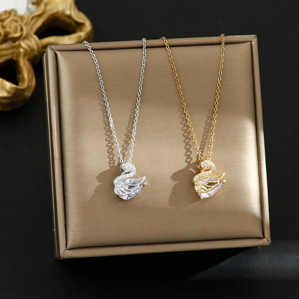 Luxury Trendy Crystal Swan Wings Pendant Necklace for Women Cute Gold Color Stainless Steel Bride Collar Jewelry Gift Colorfast