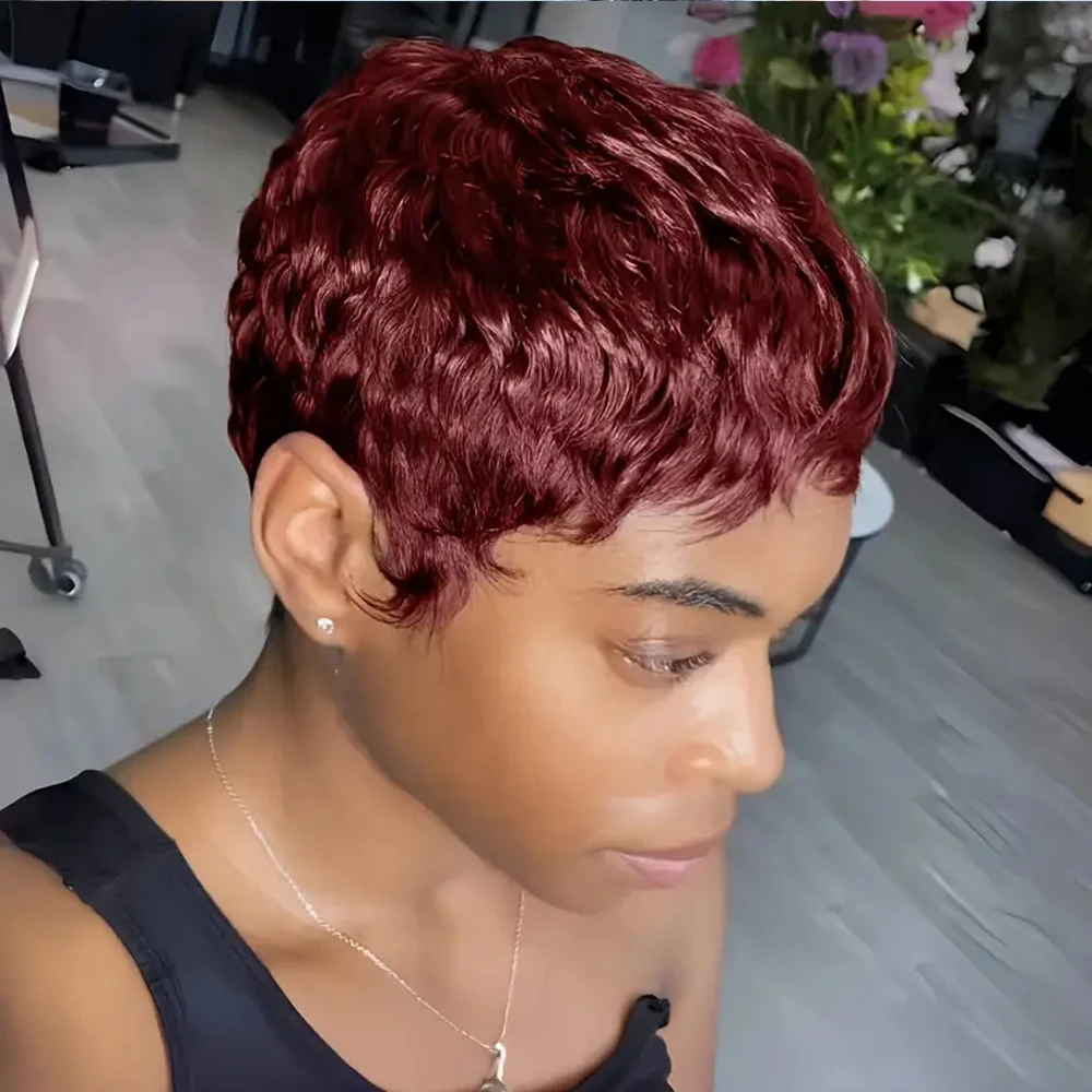 Burgundy Short Straight Human Hair Wigs Natural Color Brazilian Remy Hair Pixie Cut Wig #30 Cheap Human Hair Wig For Black Women