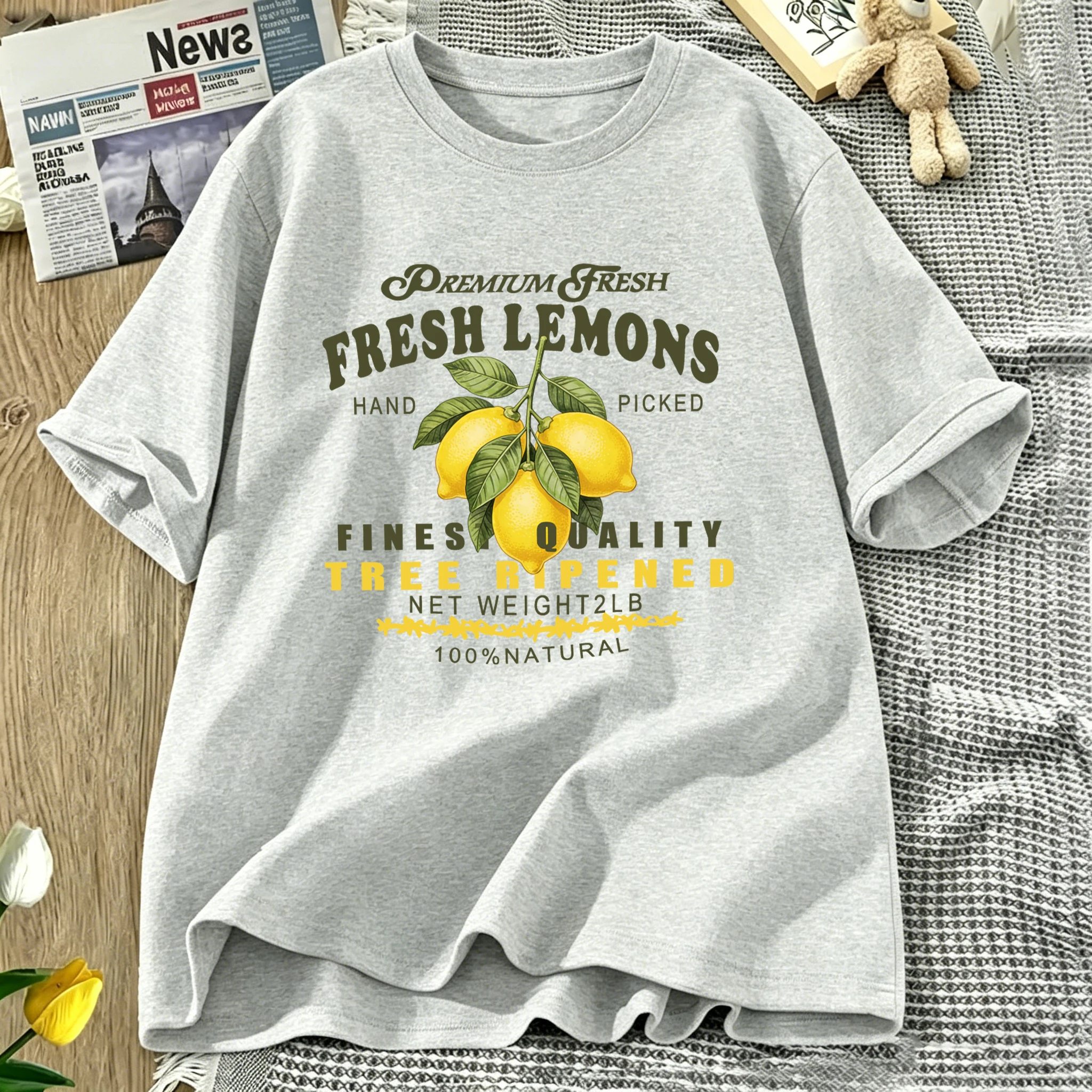 Hand Picked Fresh Fruit Lemons Prints Woman T-Shirt Cotton Breathable T Shirt Crewneck Summer Short Sleeves Loose Y2K Streetwear