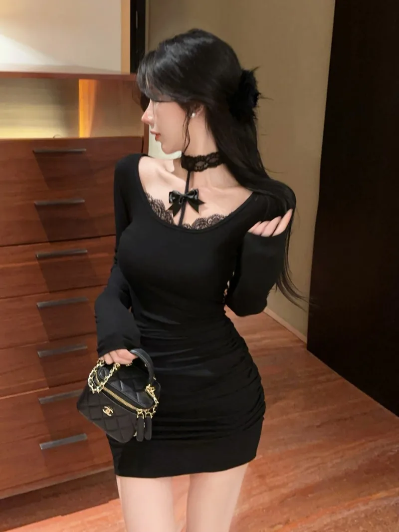 

Черные мини-платья с длинными рукавами, новое элегантное платье с кружевным дизайном Pure Desire Spicy Girl, с висячим воротником и бантом, тонкое эластичное платье