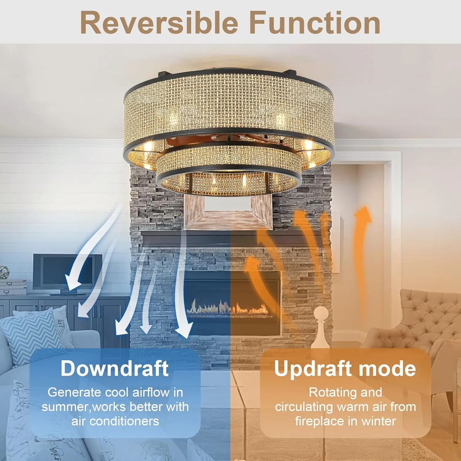 Boho Ceiling Fan with Light 6-Speed Low Profile Chandelier with Remote Control,Bladeless/Quiet DC Motor,for Bedroom Kitchen