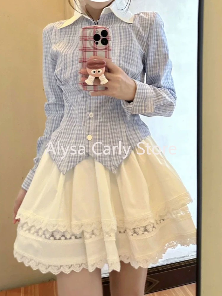 Japanese Kawaii Two Piece Set Women Autumn Plaid Blouse Lace Mini Skirt Sets Female Sweet Cute Chic Evening Party Skirt Set Y2k