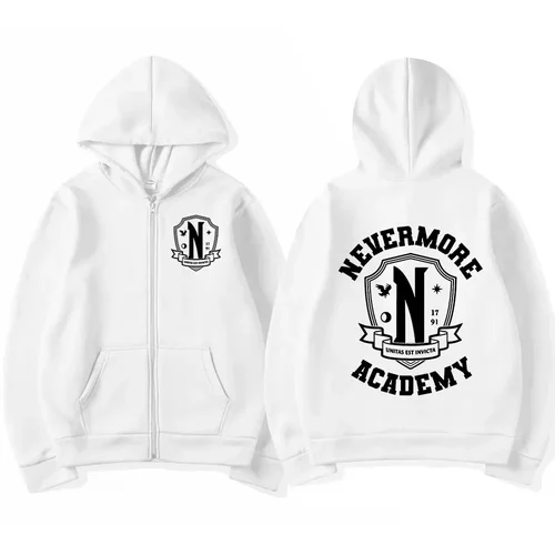 Imagen 2 del producto Hombres Mujeres Nevermore Academy Logo estampado gráfico cremallera Sudadera con capucha Casual manga larga Harajuku abrigos con cremallera de gran tamaño sudaderas con capucha populares