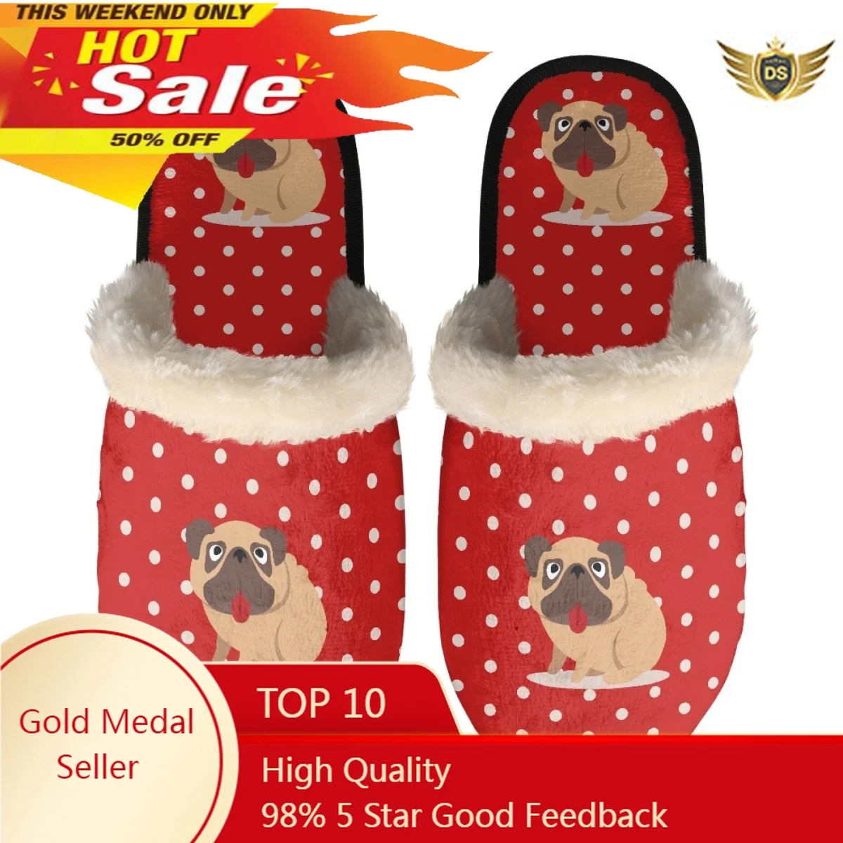 

New Printed Dot And Pug Winnter Warm Slippers Soft Plush Cute Animal Indoors Slippers Classic Anti Slip Bedroom Man Slippers