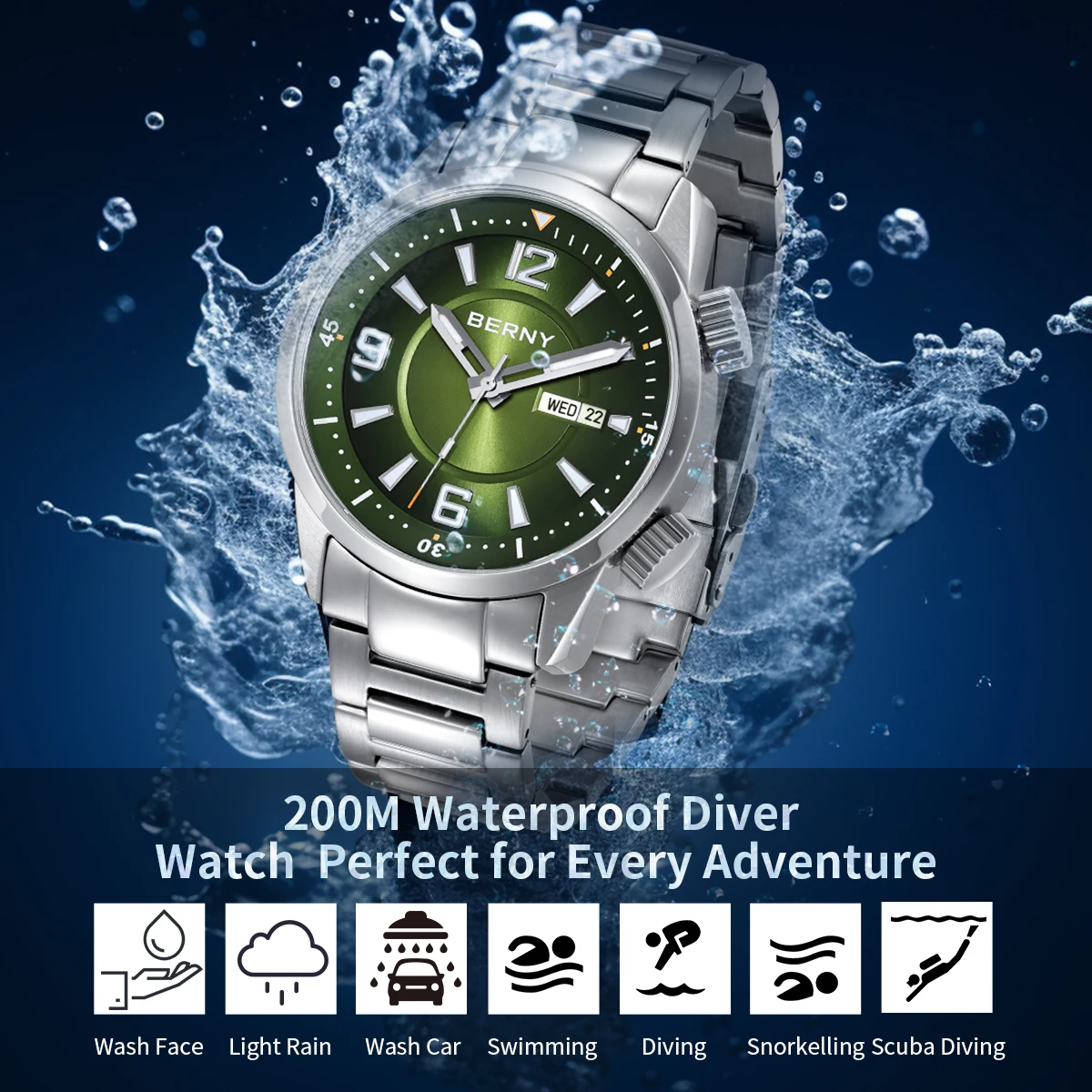 BERNY Diver Men Watch Automatic Wristwatch Sapphire Super Luminous 20ATM Waterproof Stainless Steel MIYOTA 8205 Mechanical Watch