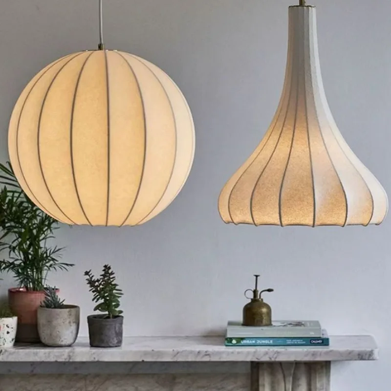Japanese Wabi-Sabi Style Silk Pendant Light Restaurant Bar Counter Bedroom Living Room Study Creative Lantern Retro Hanging Lamp