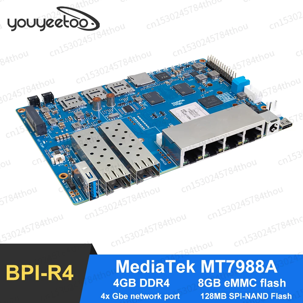 

Banana Pi BPI-R4 WiFi 7 Router board MediaTek MT7988A Filogic 880 4-core ARM Corex-A73 WiFi7 iPA NIC Module 4x Gbe network port