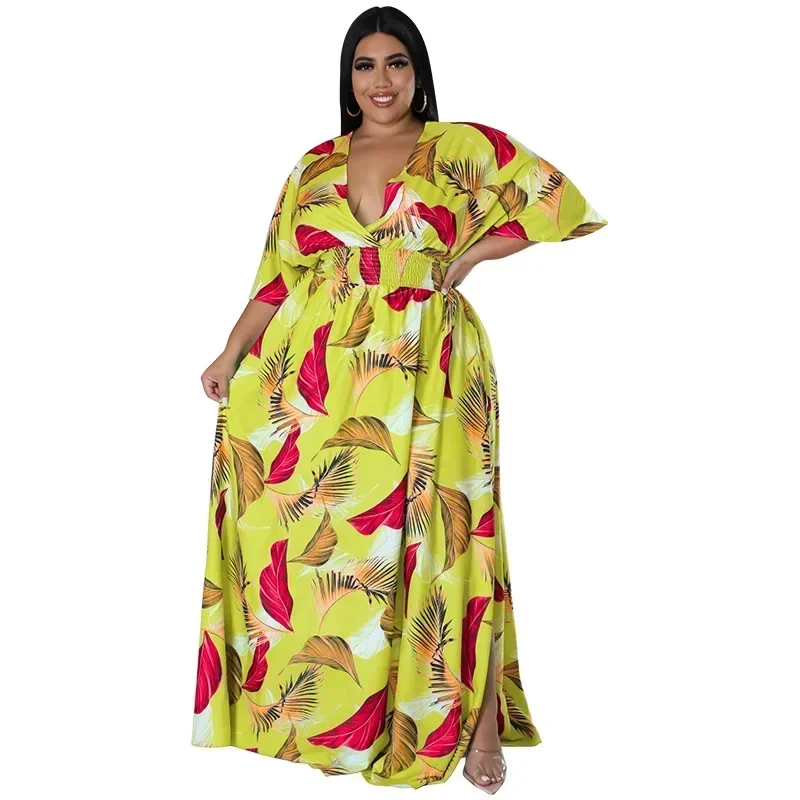 MY967- European and American plus size women's clothing 2025 summer new product deep V-neck printed multi-color dress, fat MM