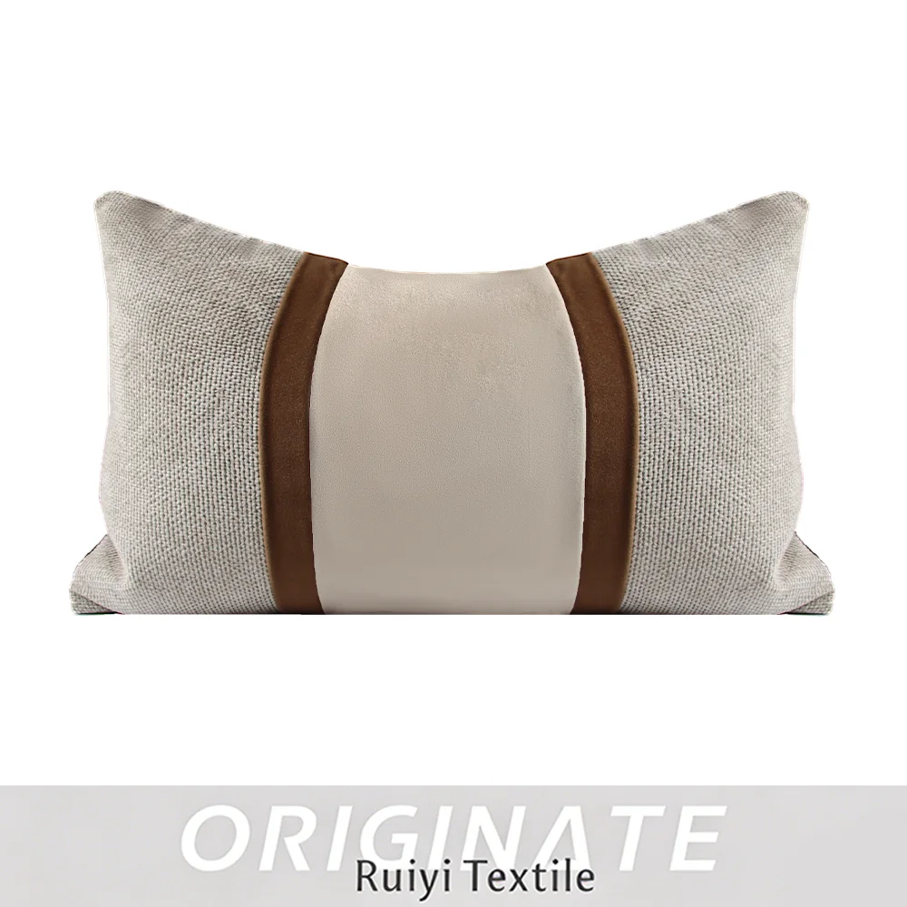 RUIYI Spliced Lumbar Pillow Cover Linen Texture Side Panels Brown and Beige Velvet Rectangular Decorative Throw Cushion Case