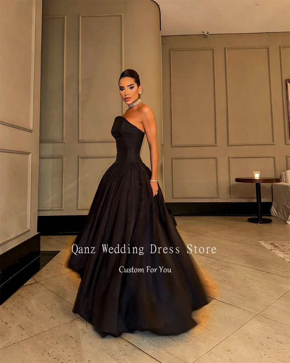 Qanz Modern Black Satin Formal Evening Dresses Strapless Floor Length Long Evening Dresses Luxury Dresses Women Customized