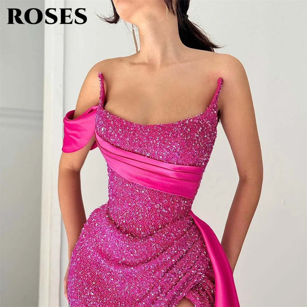 ROSES Fuchsia Strapless Sexy Evening Dresses for Woman Elegant Shiny Prom Gown Sequin High Split Party Dresses فساتين السهرة