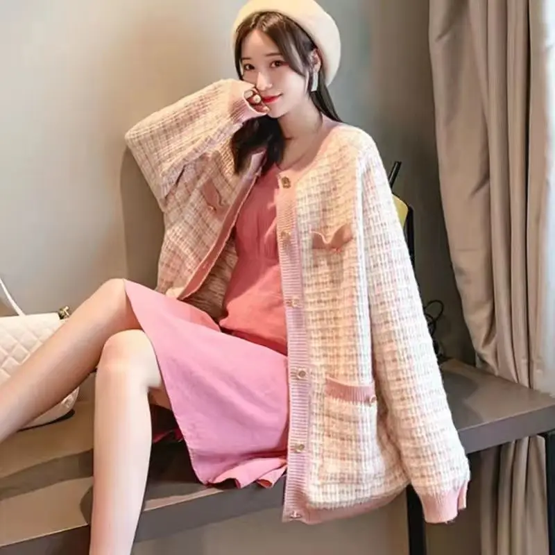 O-neck Knitting Cardigan Coat Women Autumn Winter Loose Plaid Long Sleeve Sweater Fashion All-match Office Lady Knitwear Tops