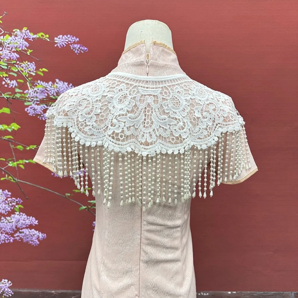 

Decorative Vintage Pearl Tassel Shawl Lace Trim with Pearl Tassel Cheongsam Shawl Handmade Detachable Collar Spring